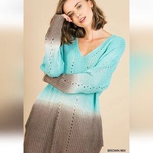 UMGEE Aqua Brown Ombre Tie Dye V-neck Sweater Tunic Dress